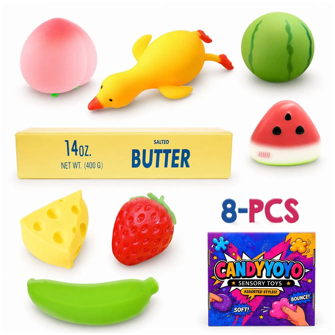 8-Piece Food & Animal Shape Stress Relief Toy Set, Novel Fruit Duck Sensory Fidget Toys, Anxiety Relief, Office & Classroom Use, Gift for Kids & Adults