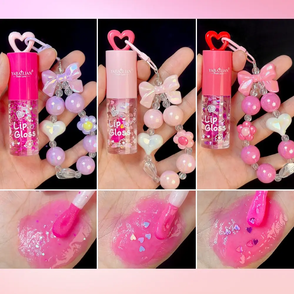 3 pcs Moisturizing Glitter Makeup Lip Gloss with Heart Charm – Hydrating High-Shine Lip Oil | Glittery Lip Gloss | Cute Keychain Packaging | Soft Pink Tones | Perfect Gift for Women & Bag Decoration