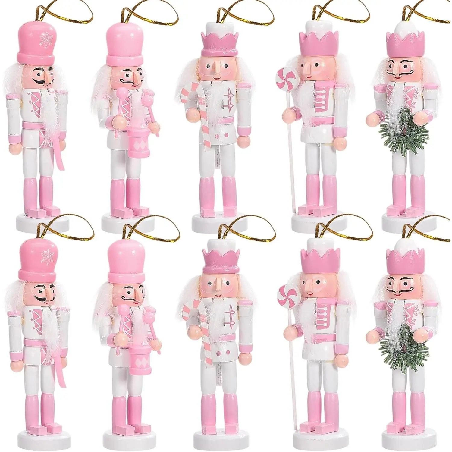 10 PCS Christmas Nutcracker Ornament Set Wooden Nutcrackers Hanging Decoration Nutcracker Figures Christmas Decorations for Xmas Tree, Table Decor, Wall(Pink)