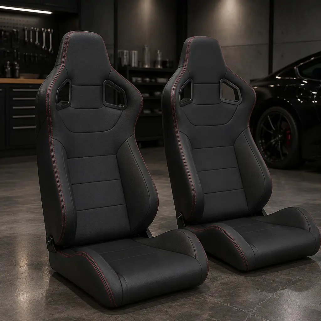 ARCH 2 Bucket Racing Seats (2-Pack) - PVC Leather, Carbon Look Back, Steel Frame, Dual Lock Sliders, 90-180 Degree Adjustable, Black with Red Stitching, 22.04" W x 18.10" D x 33.50" H, Aftermarket Design for Car Truck SUV Interior Upgrade