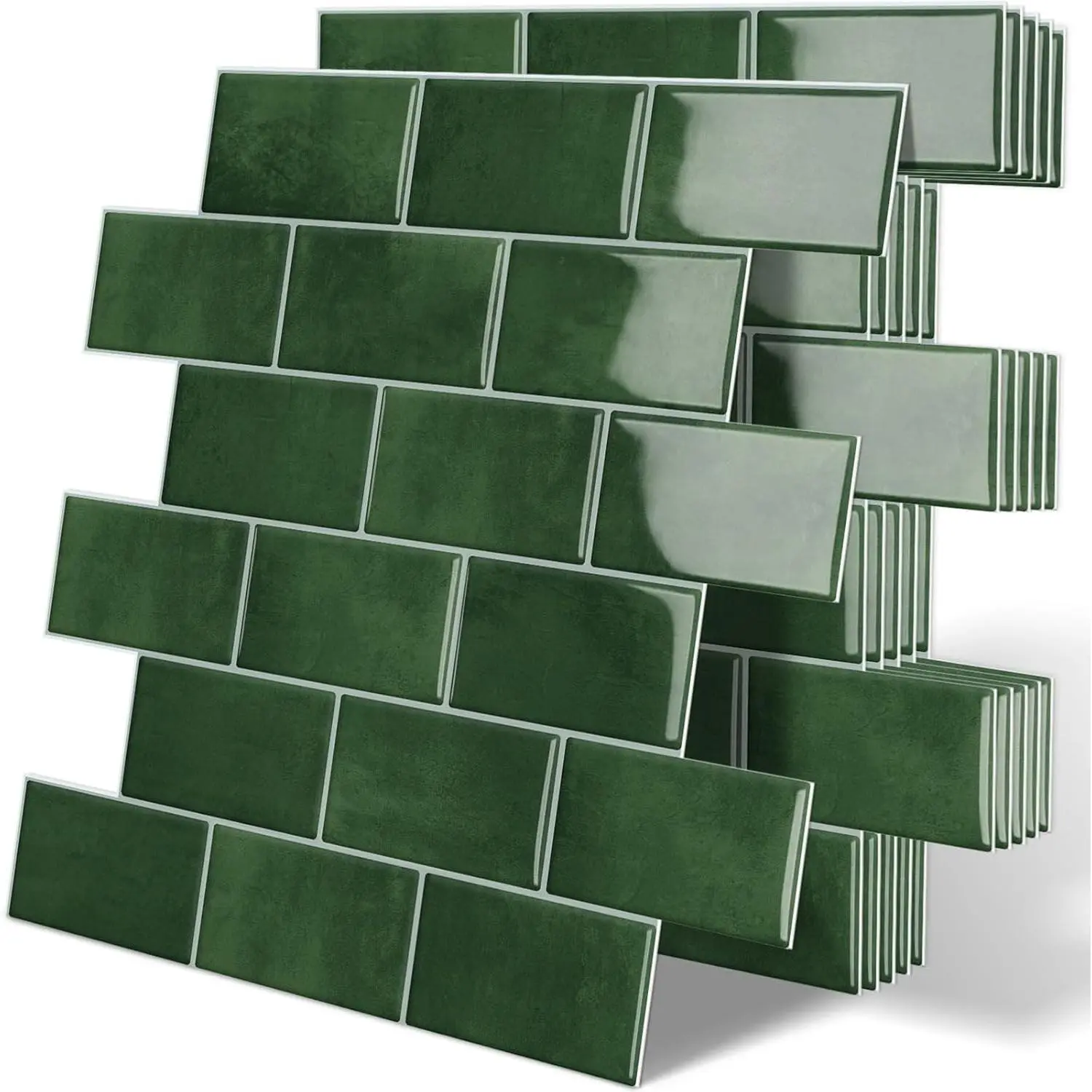 DEWOO Green Peel and Stick Backsplash Subway Tile for Kitchen Wall 10-Sheet | Thick,Self Adhesive,Sticky,Brick,for Bathroom,Laundry,Sink,12"×12"