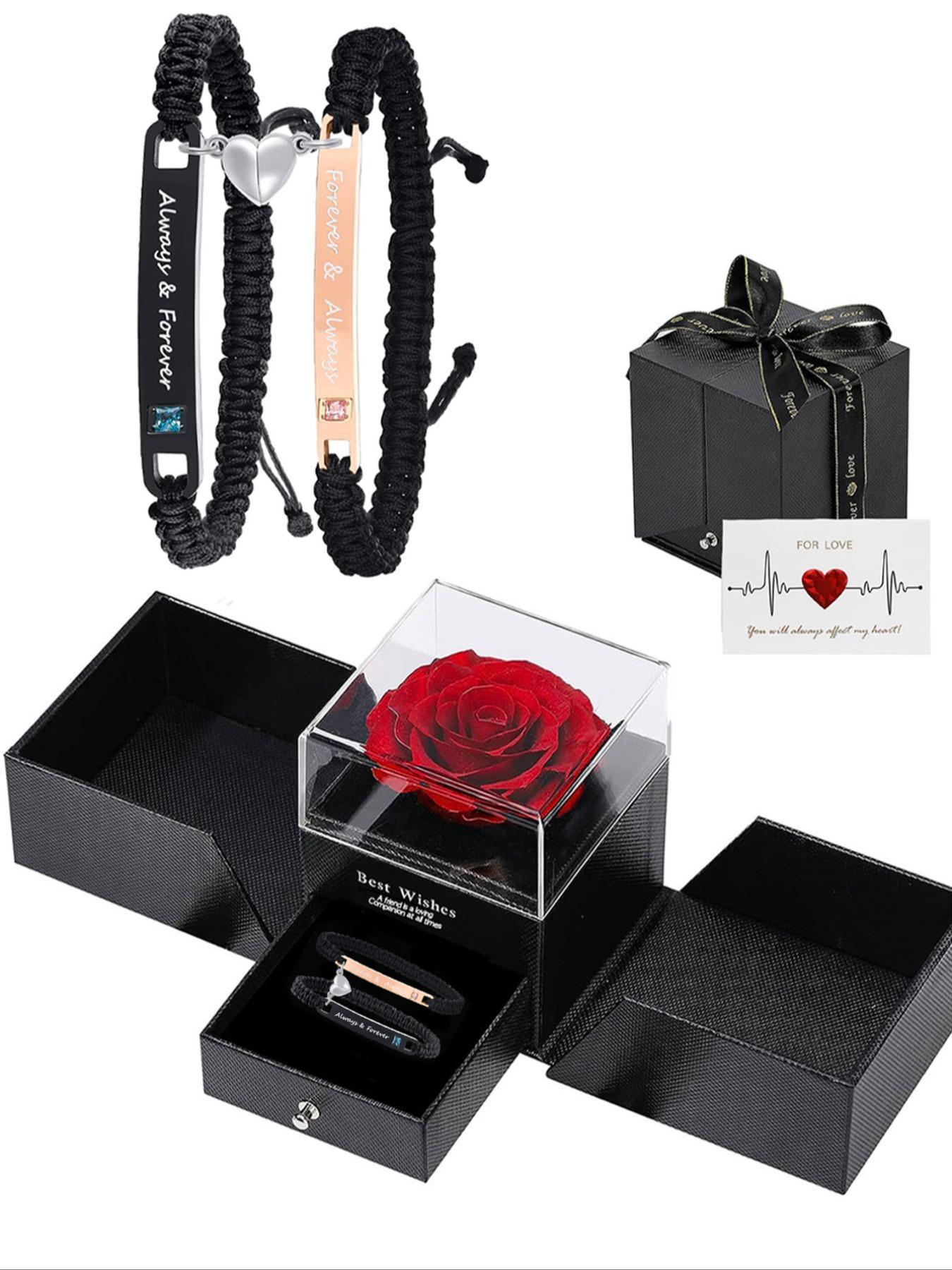 Braided Couple Matching Bracelet (2pcs/1 Set), Magnetic Heart & Letter Design Link Bracelet for Women & Men, Jewelry for Birthday Gift with Rose Box, Personalized Couples Bracelet, Adjustable Bracelets