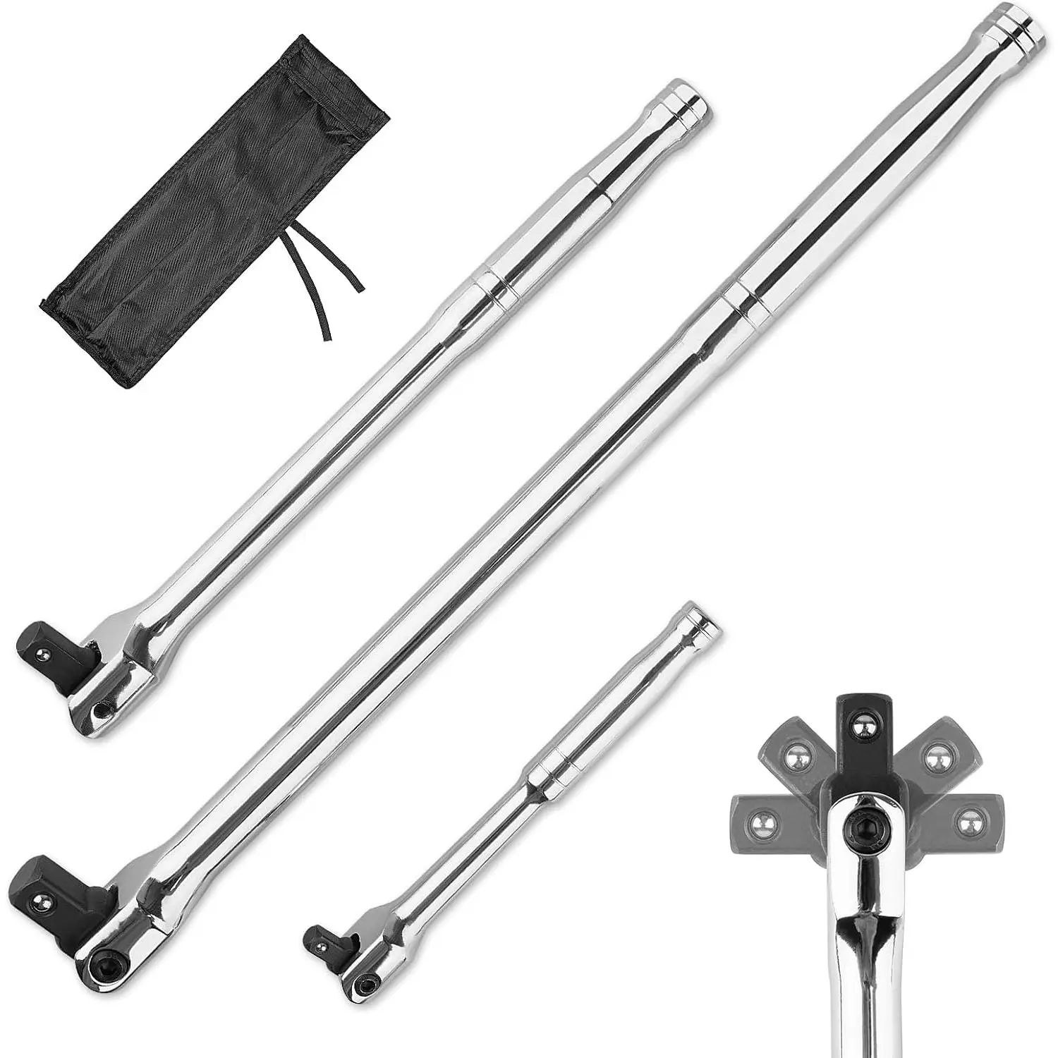 3 count Breaker Bar Set, 3/8'', 1/4in, 1/2inch Breaker Bars with 180°Rotatable , Heavy Duty Breaker Bar Kit with 15 inch, 10 inch, 6 inch Length for Automobile and  Maintenance and Repair