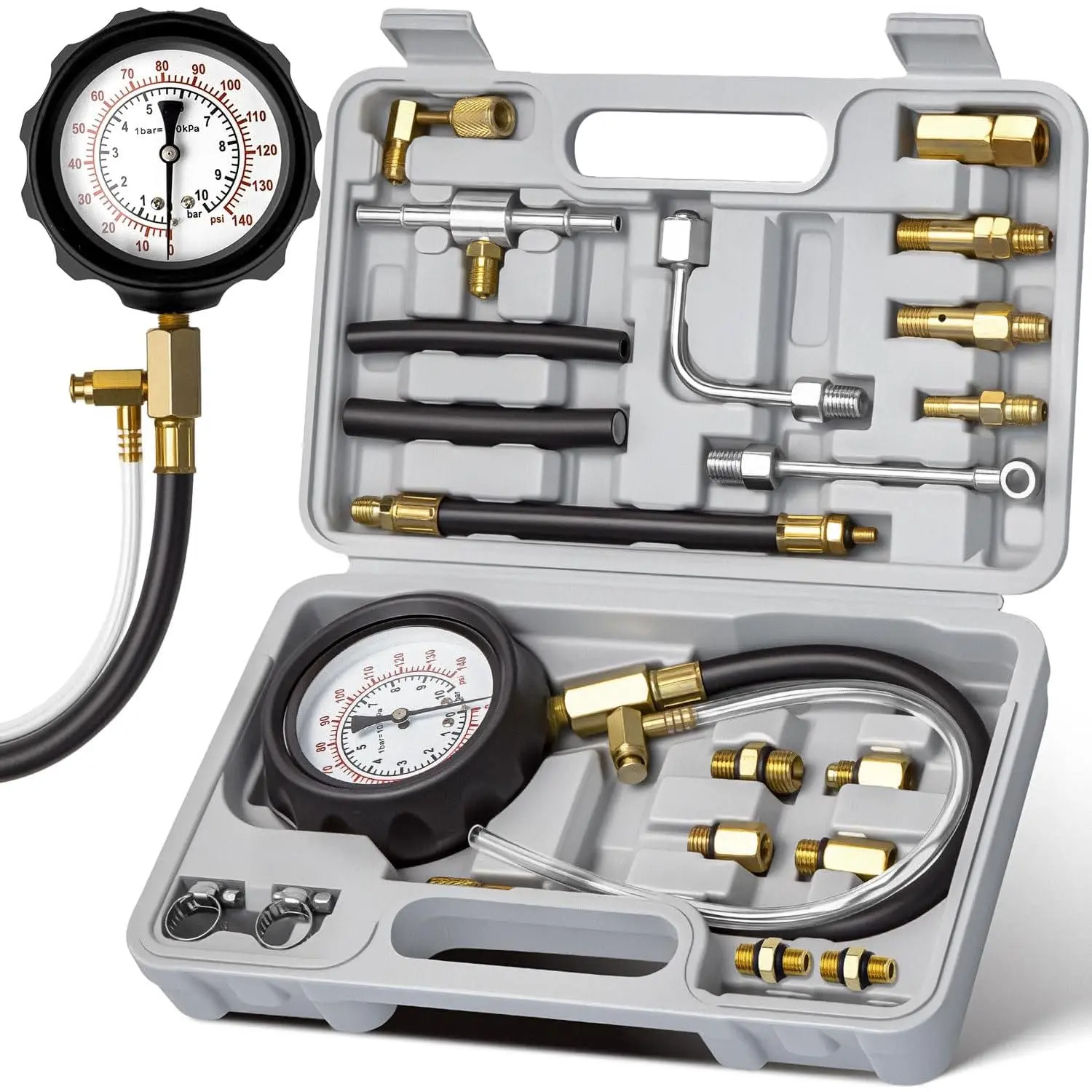 Fuel Pressure Tester Kit with Adapters for Cars, Trucks, Fuel Pump Injector, Fuel Pressure Gauge Diagnostic Tool