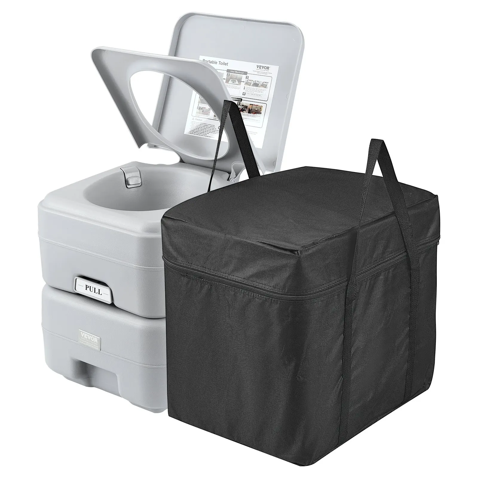 VEVOR Portable Camping Toilet, Flushable Porta Potty with Portable Storage Bag, 5.3 Gal Waste Tank, 3.2 Gal Flush Tank, Push-Button Pressurized Flush, Leak-Proof Odorless Removable & Washable Commode for Camper