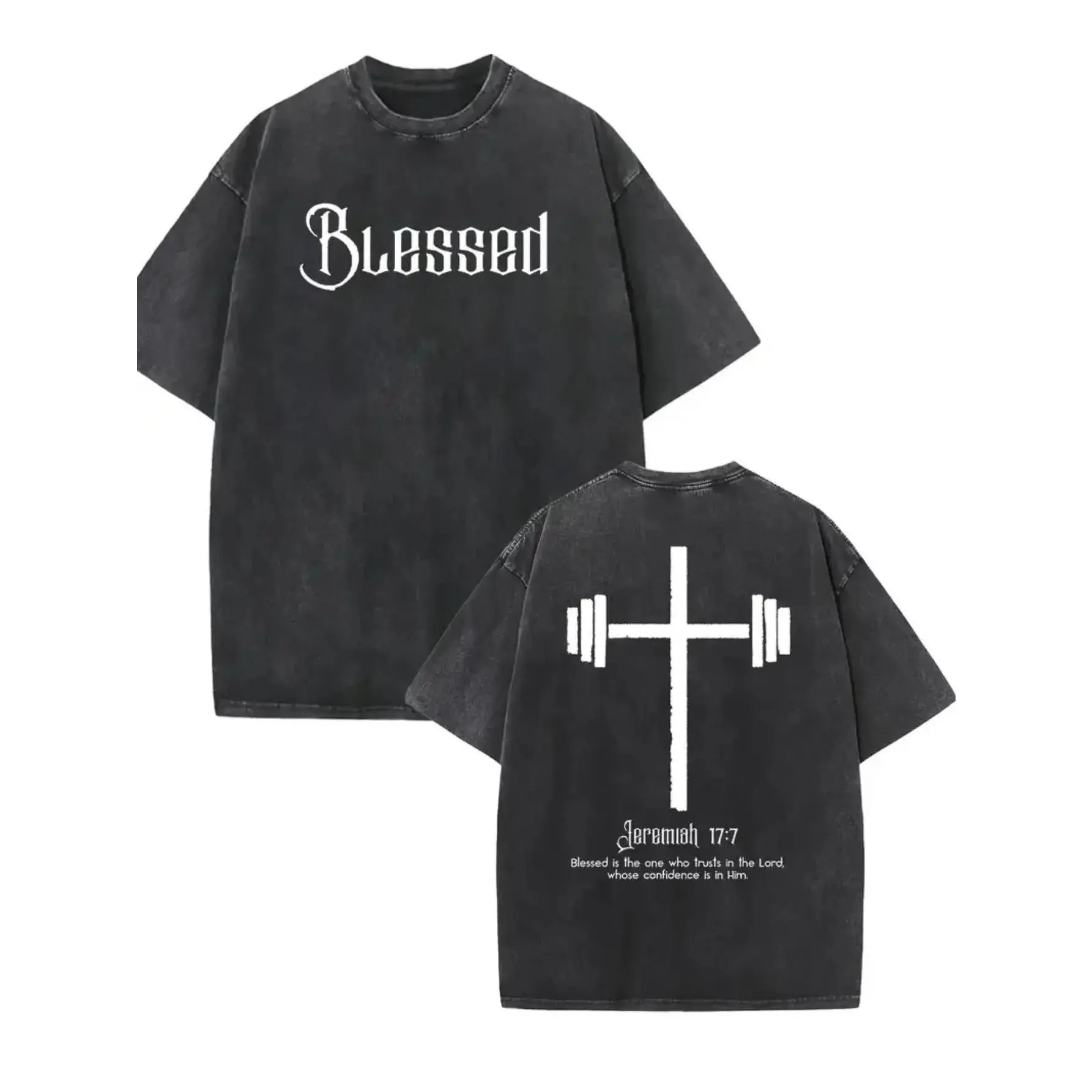 Men's Heavyweight Retro Washed Round Neck Shortsleeve Graphic T-Shirt - Black, Religious Cross Print with Blessing Text, Streetwear, Suitable for Church & Daily Wear, Breathable Summer Casual Top, Menswear Casual T-Shirts