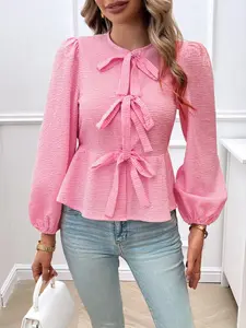 Women's Gingham Print Tie Front Bishop Sleeve Peplum  Blouse, Elegant Long Sleeve Tie Neck Top for Spring & Fall, Women's Clothing for Daily Wear