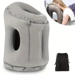 Portable Inflatable Nap Pillow with Supportive Memory Foam, Soft Microfiber Cover, 60-Arm Jack Design, Breathable Material, Optimal Neck Support for Office, Airplane (Gray) - Luggage & Bag Accessory