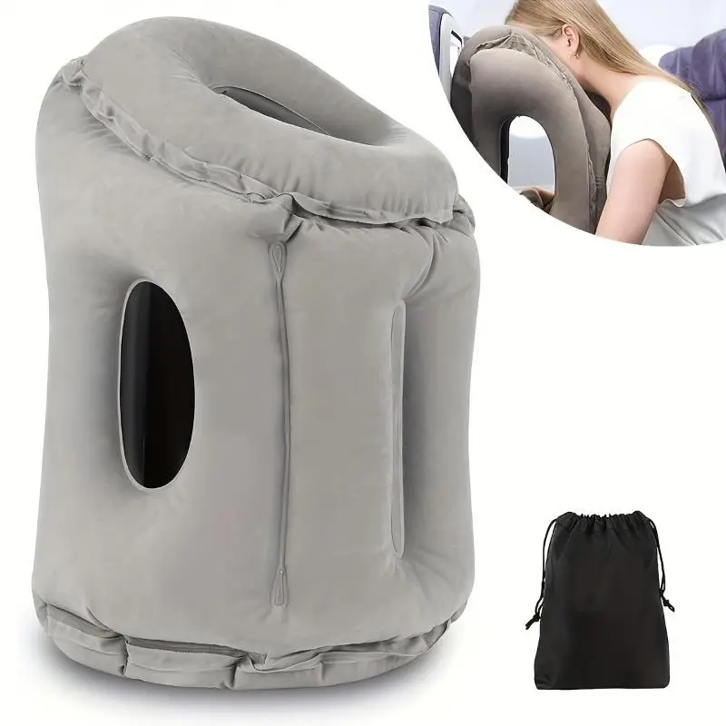 Gray Inflatable Travel Neck Cushion - Inflate & Go, Breathable Microfibre, Supportive Memory Foam, 60-Arm Jack Design, Office/Airplane Luggage & Bag Accessory