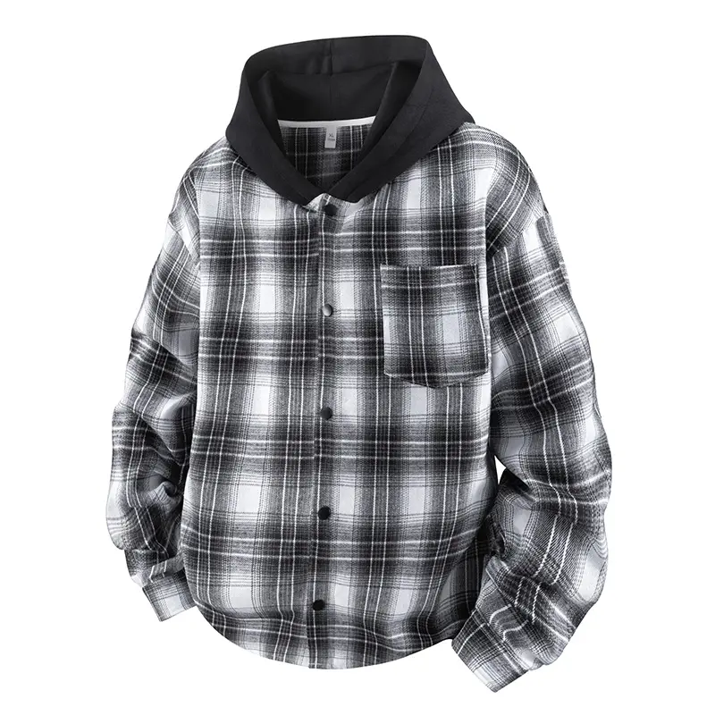 Men Fake Two-Piece Hooded Plaid Long Sleeve Shirt Jacket, Chest Patch Pocket Loose Drop Shoulder Fit, Wearable As Inner Layer Or Outer Shacket, Retro Casual Outerwear for Spring Autumn Daily Commute Street Outing Dating Gathering Light Outdoor Trips