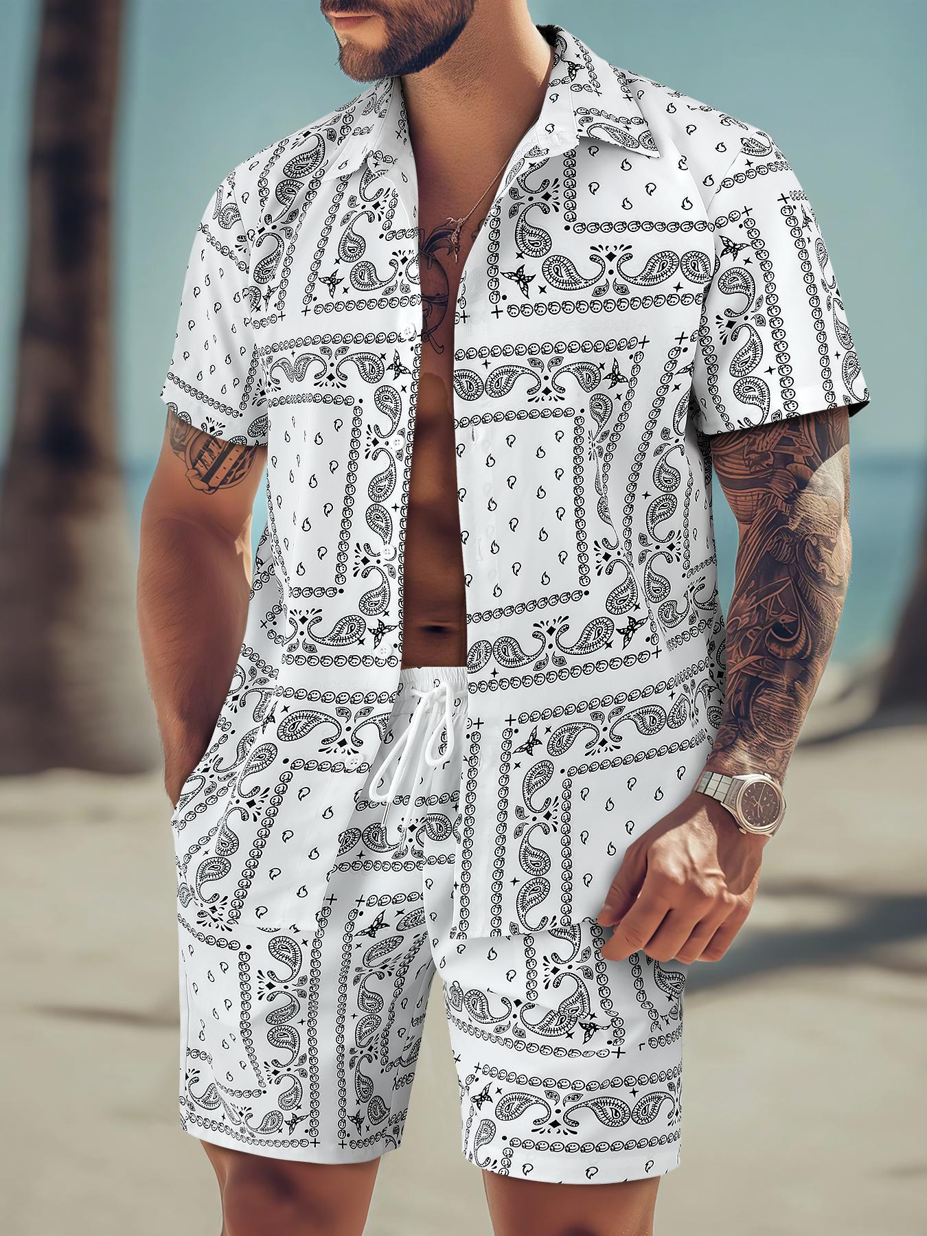 Men's All Over Print Short Sleeve Shirt & Shorts Two-piece Set, Casual Button Collar Top & Drawstring Waist Shorts, Men's Summer Clothes, Casual Outfit Set