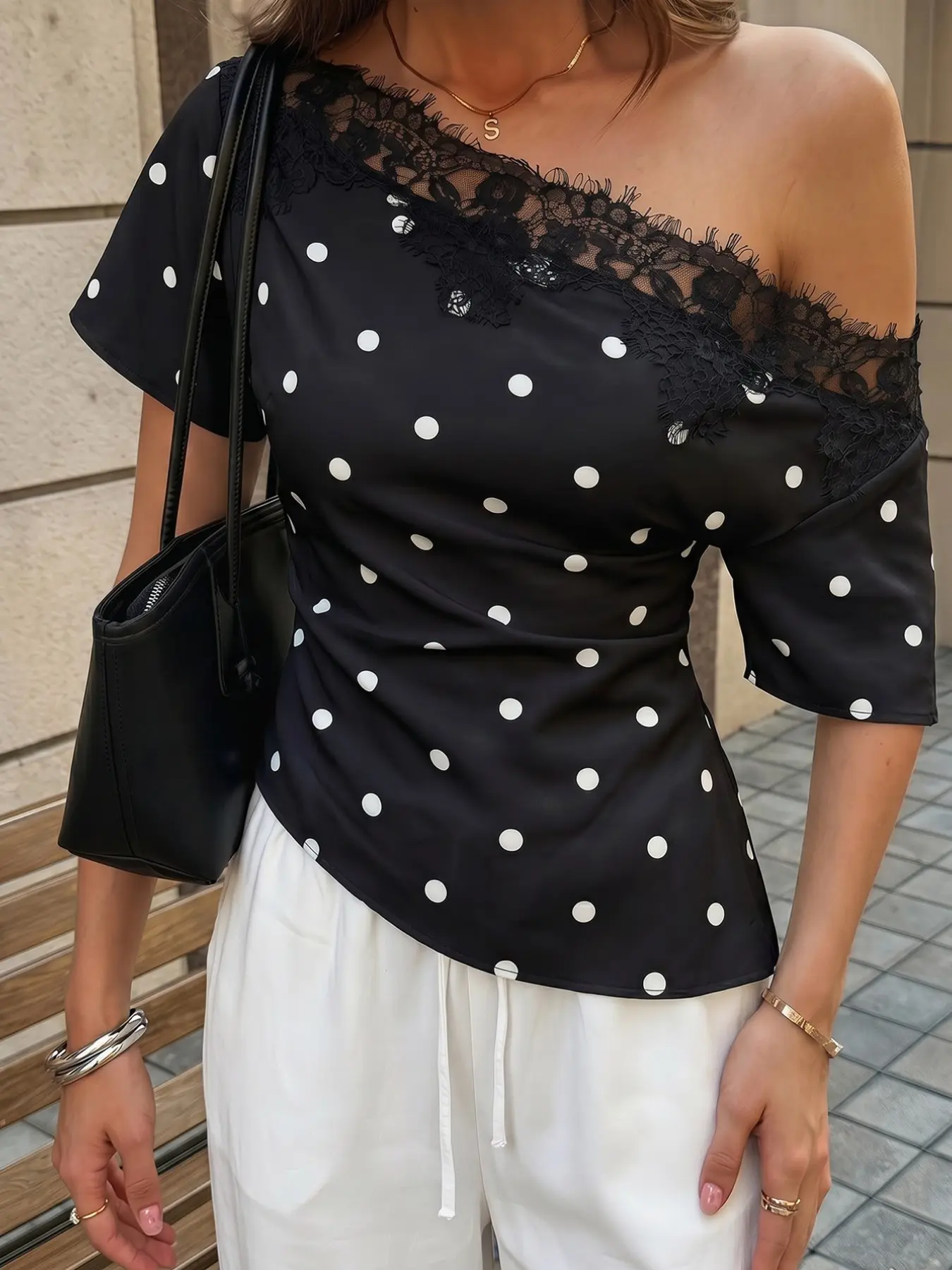 Women's Black White Polka Dot One Shoulder Blouse Shirt Top Lace Trim Asymmetrical Neck Top Half Sleeve Satin Look Slim Fit Elegant Office Lady Going Out Chic French Style Dressy Casual Fashion Top