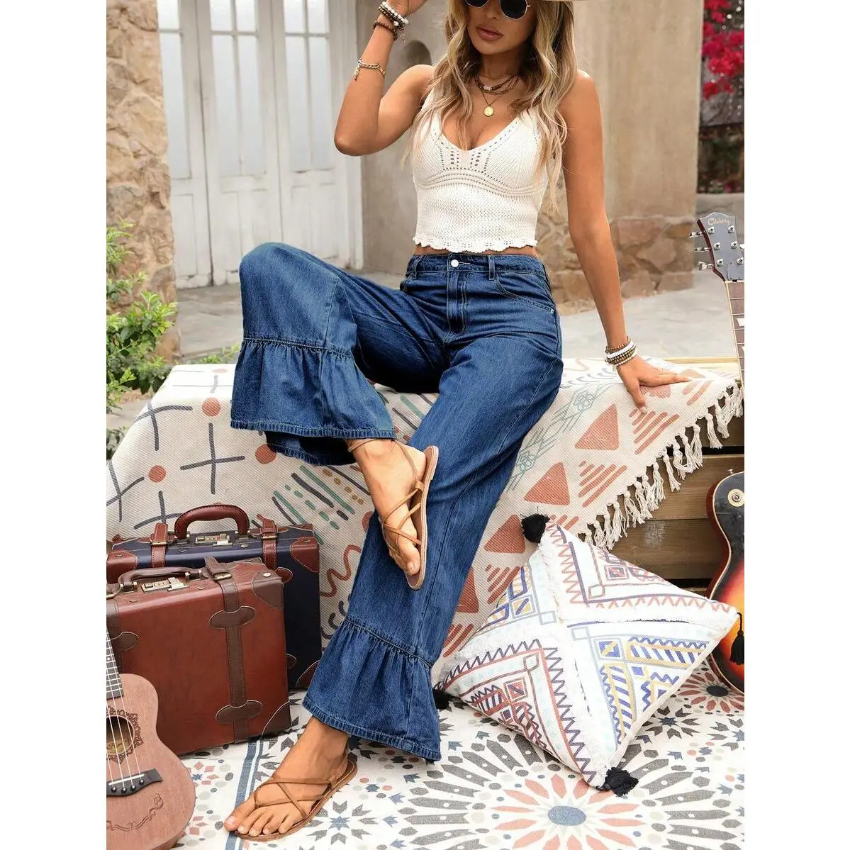 Women's Ruffle Hem Wide Leg Jeans