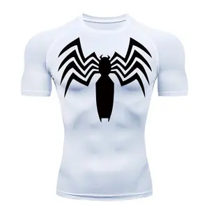 Men Summer Short Sleeve Rash Guard Gym Workout Running Spider Print Compression Shirts for Tshirt Athletic Quick Dry Tees Tops