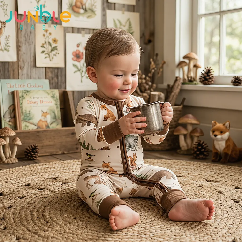 Junblebaby Baby Bamboo 2-Way Zipper Long Sleeve Onesies, Foldable Footed Sleeper with Fox Print for Baby Boys, Two Way Zipper Onesies