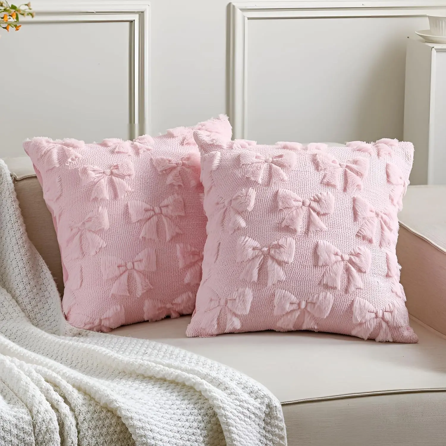 Pink Bow Pillow Covers Set of 2 Preppy Room Decor Coquette Cute Spring Summer Decorative Faux Fur Soft Bowknot Stuff Fluffy Plush Aesthetic Pillowcase for Bed Sofa Couch (18 x 18 Inch)
