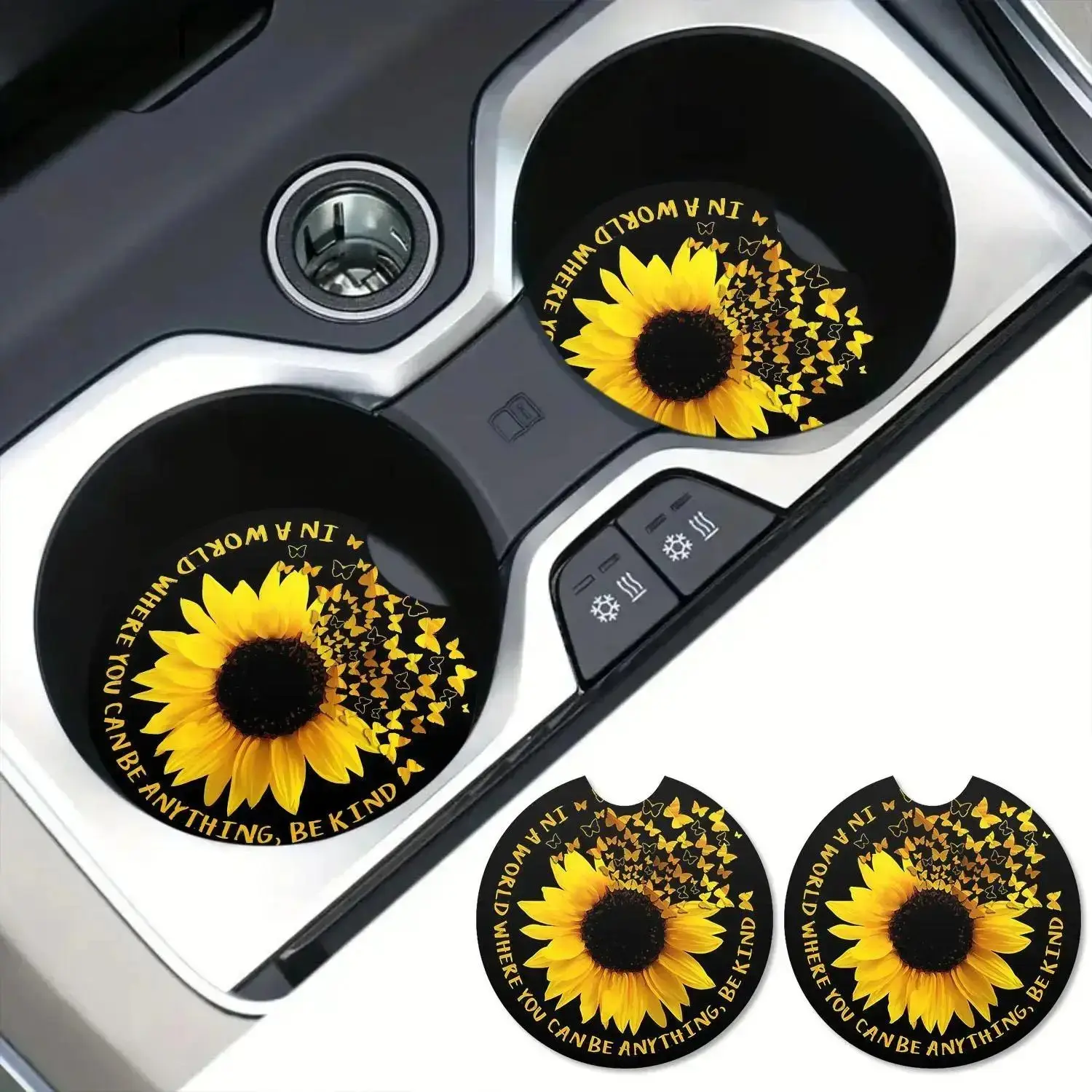 Sunflower Pattern Car Cup Coasters - 1 Pair Non-slip Round Holder Mats, 1-size Easy Maintenance Decorative Accessory for Car Interior (Racing & Outdoor Leisure Auto Accessory), Interior Car Accessories, Car Interior Ornaments