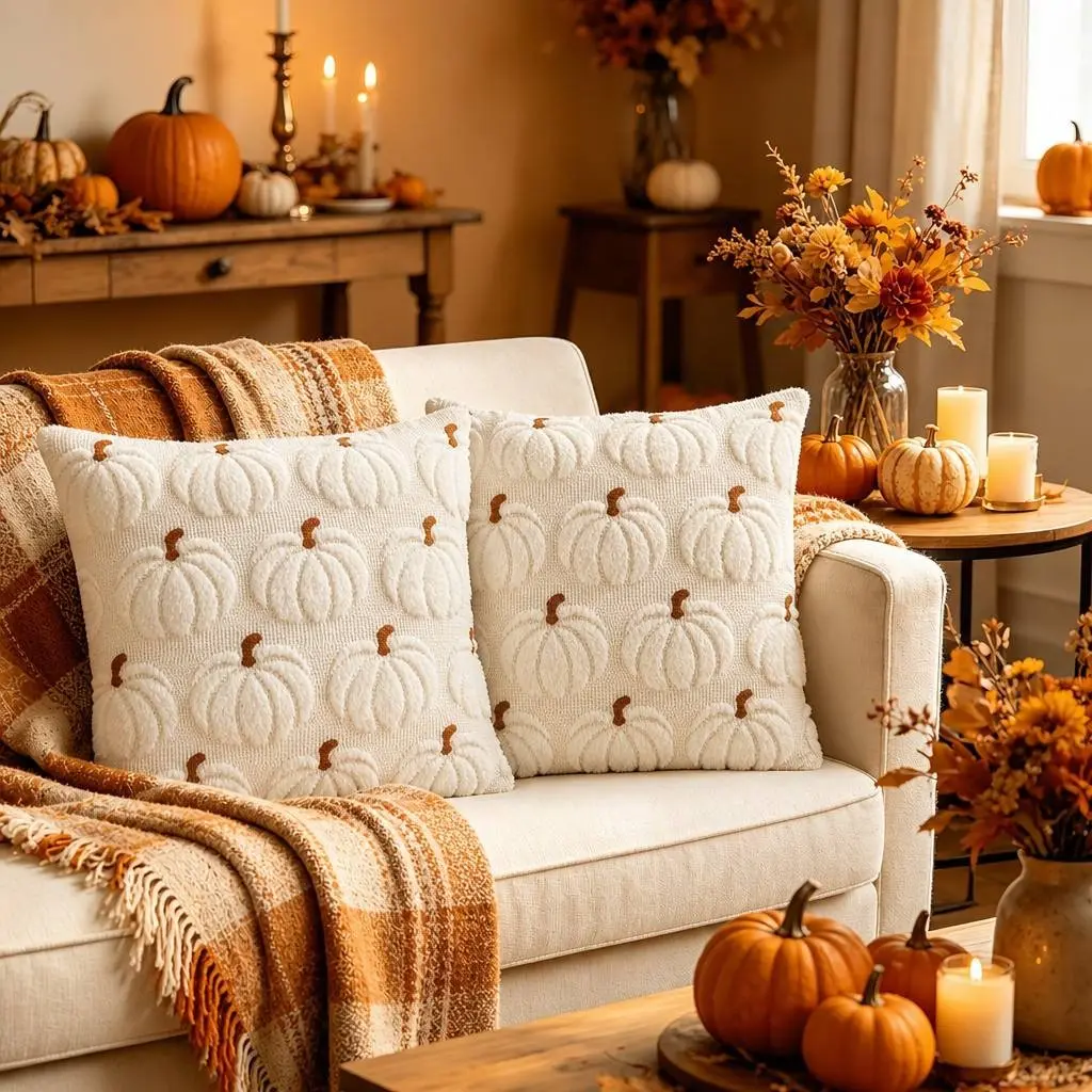 2-Pack Thanksgiving Plush Pillow Covers with 3D Embroidered Pumpkin, Modern Fall Decor for Living Room and Bedroom, Zipper Closure