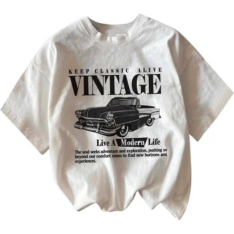 Women's Graphic Letter Tee - Crew Neck, Drop Shoulder, Short Sleeve, Vintage Car Print Casual Streetwear Clothing - Black Fit Women's Fashion Graphic Shirts,back to school,back to school shopping, Cotton