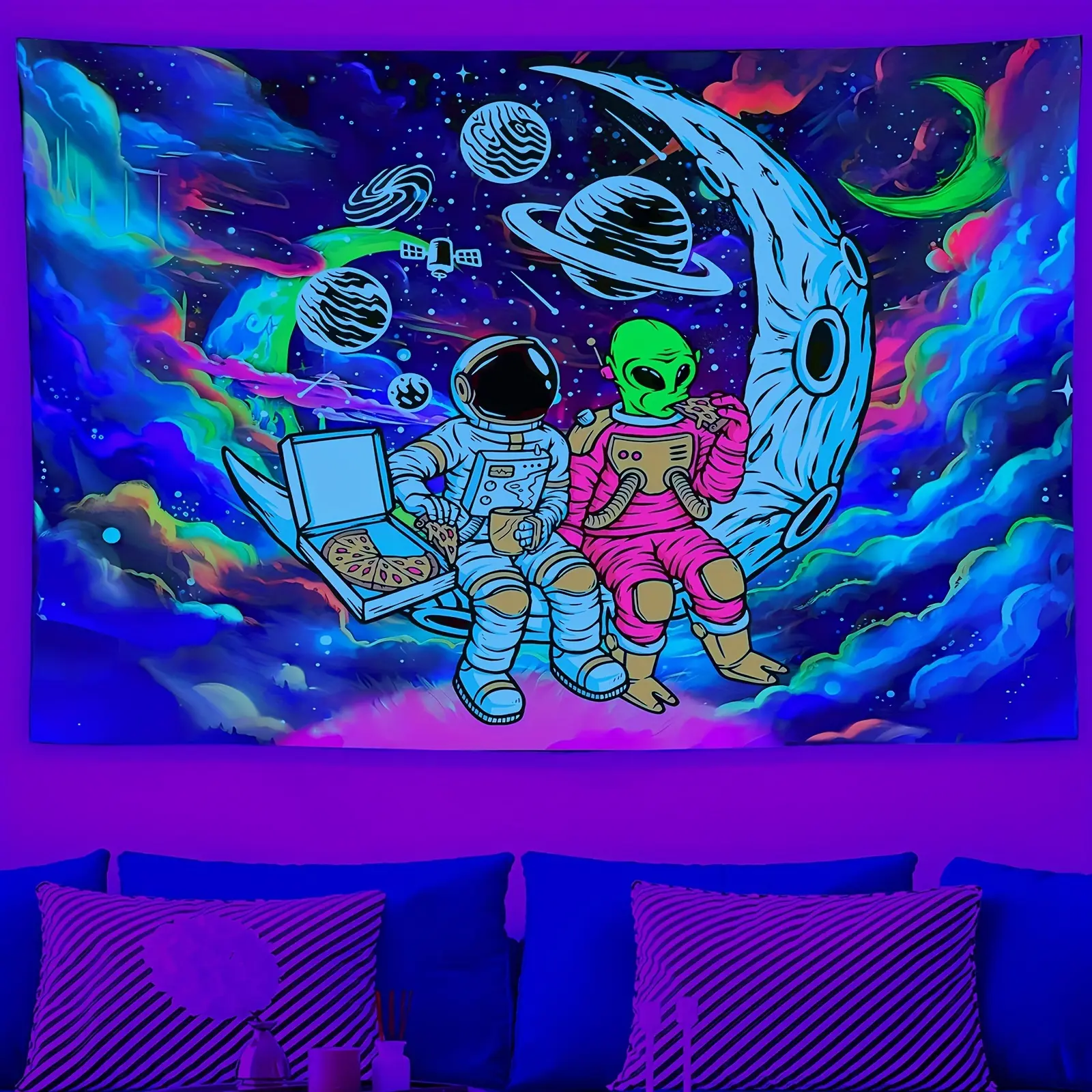 Funny Space Astronaut Blacklight Tapestry UV Reactive Poster, Light Art for Men Guys Room Bedroom Decor Cool Glow Tapestries Wall Hanging