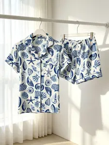 Women's Button-Down Short Sleeve Top & Shorts Pajama Set, Vacation Style Blue White Seashell All Over Print, Front Button Closure, Spring Summer Wear, Breathable, Versatile Daily Loungewear