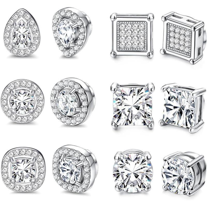 Jstyle 6 Pairs Magnetic Earrings for Women Men Stainless Steel Cubic Zirconia Earrings Stud Round Square Teardrop Earrings CZ Non Pierced Jewellery Hypoallergenic Fake Earrings Set Gift Daily