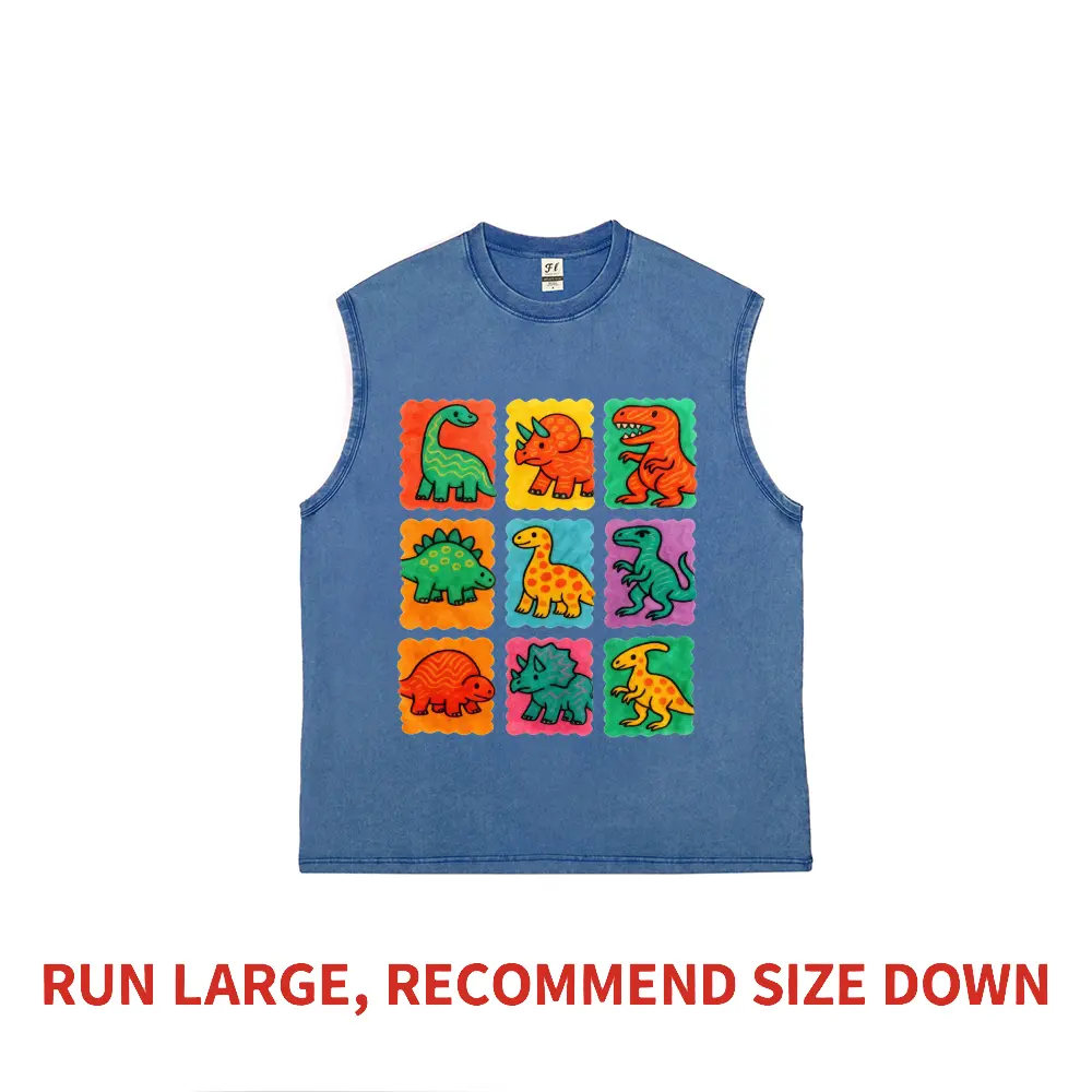 Cute Colorful Dinosaur Grid Meme Heavyweight Boxy Fit Tank Top Vintage Washed Extremely Oversized Pure Cotton Graphic Vest Kidcore Aesthetic Streetwear Y2K