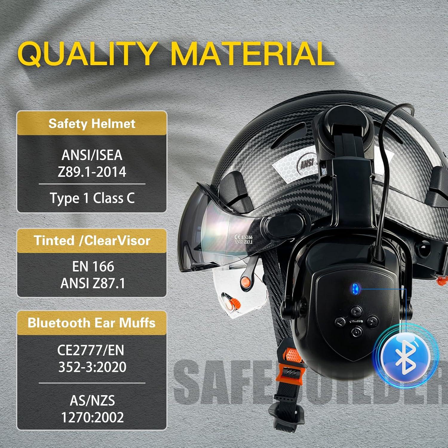 Vented Hard Hat with Visor and Bluetooth Ear Muffs, SNR 26dB Hearing Protection, Adjustable Suspension, Construction Safety Head Gear