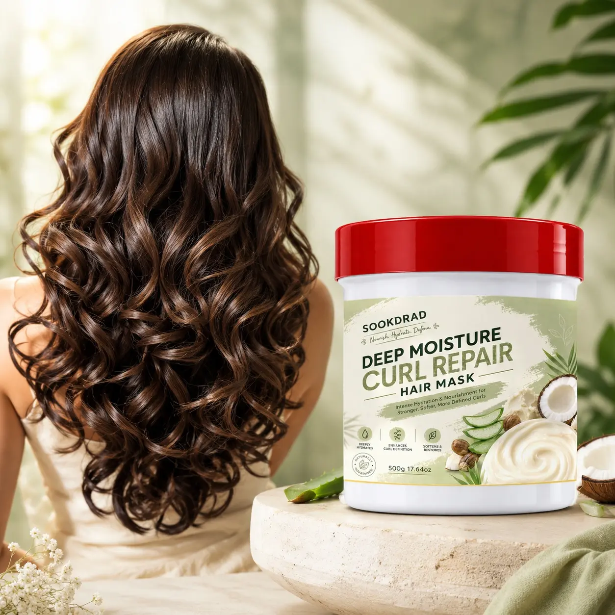 Deep Moisture Curl Repair Hair Mask, contains coconut, aloe vera, shea butter, intensely hydrates, enhances curl definition, softens and restores curls, for curly hair, Keratin Hydrating Formula, 500g