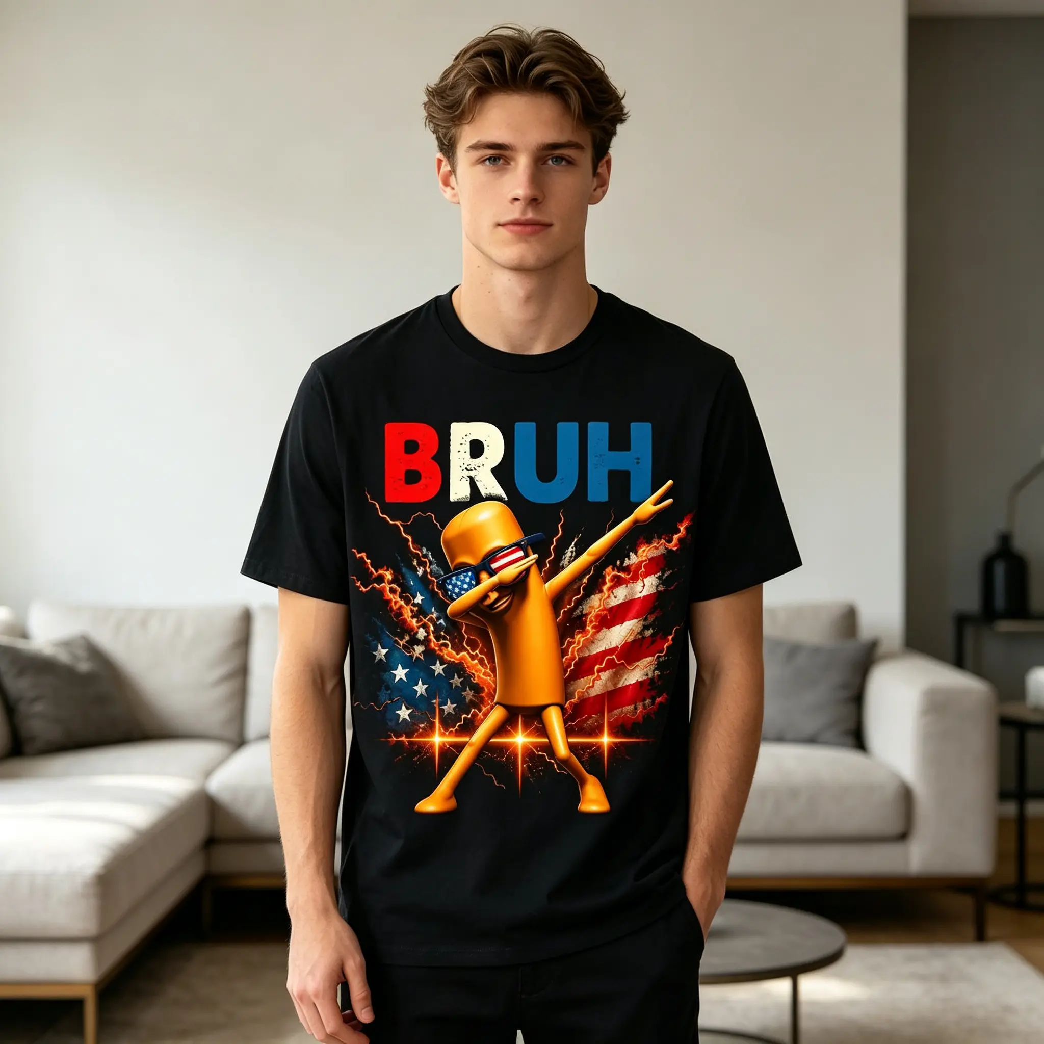 BRUH Hotdog Dabbing Graphic Mens T Shirt Funny Patriotic US Flag Lightning Design US Standard Fit Casual Humor Clothing Top meme