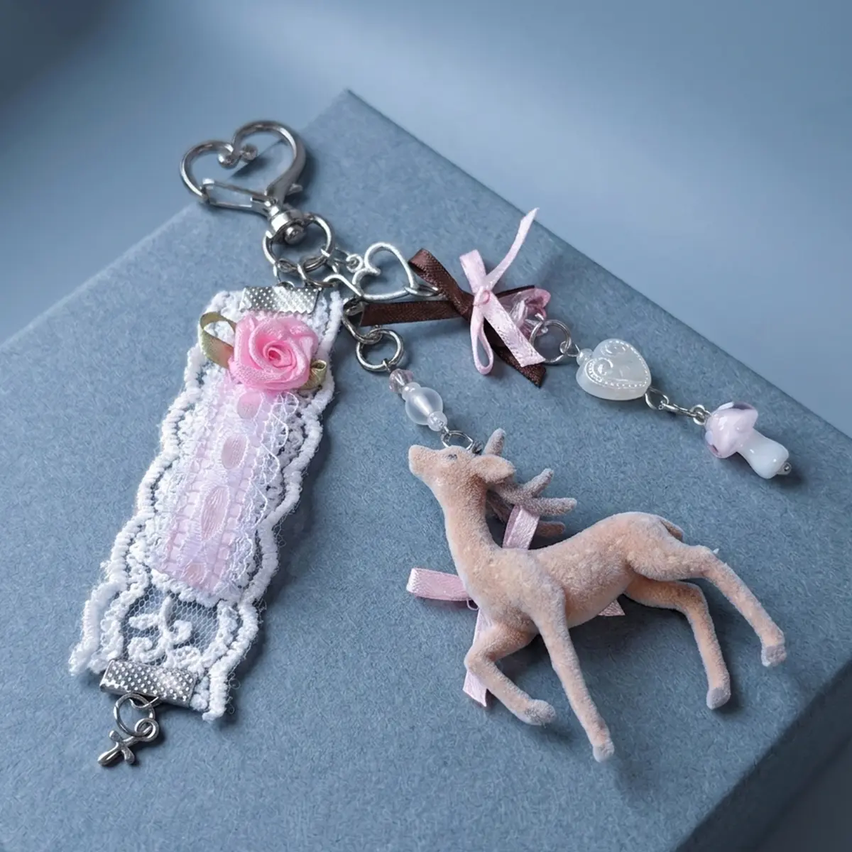 1pc Fawn Deer Keychain, Lace Ribbon Plush Deer Bag Charm With Pink Bow Mushroom Beads Cute Y2K Coquette Keychain For Handbag Backpack Women Gift Trendy Cute Keychain