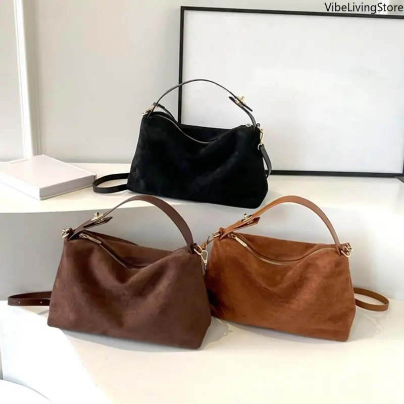 2026 Autumn Winter Matte Suede Cow Leather Boston Tote Bag Adjustable Strap Vintage Commute Crossbody Handbag for Women, Handbags For Women, Tote Bags, Crossbody Carry, Funky, Boston Bag