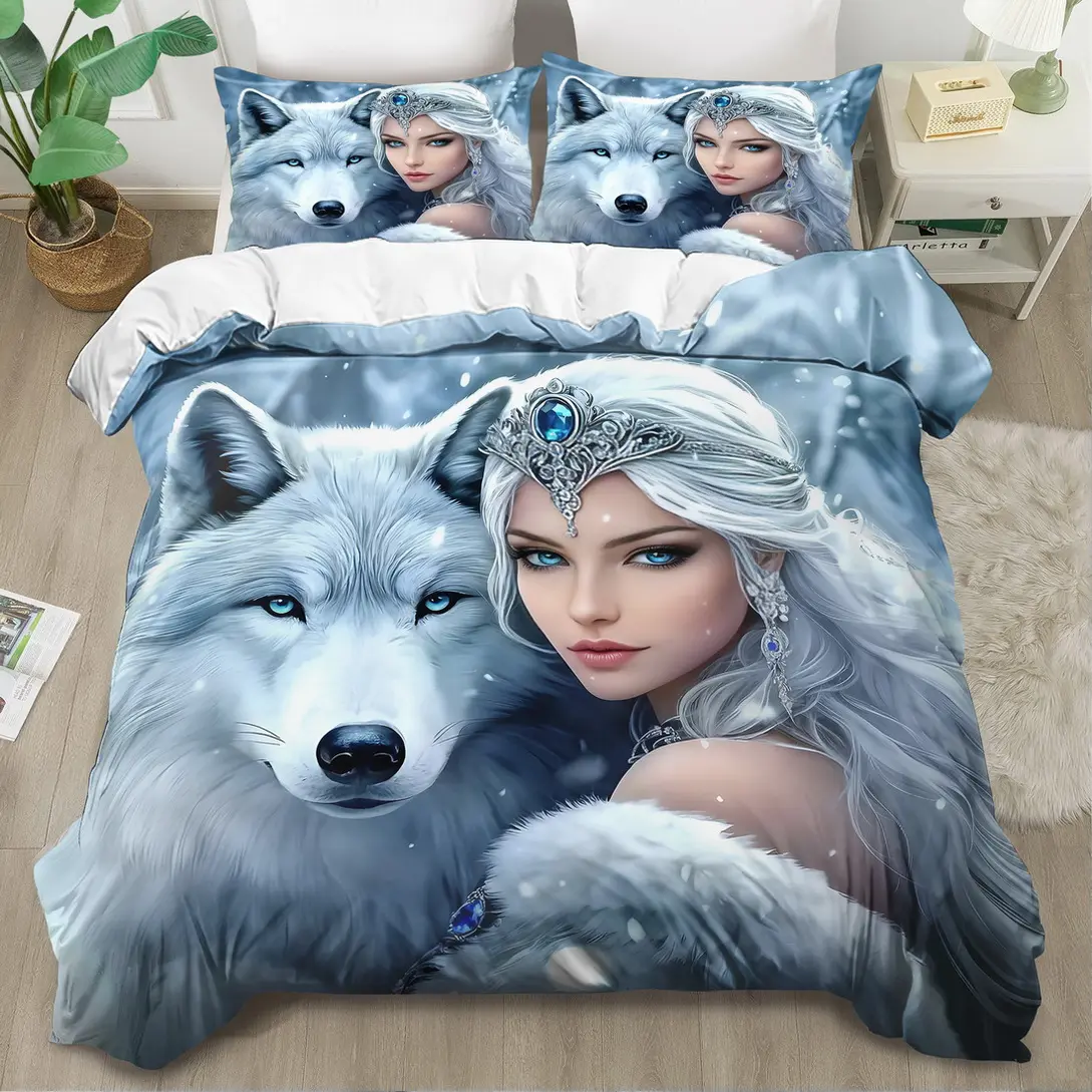 2/3-piece set, princess and wolf print duvet cover set, king and queen style bedding set, polyester, machine washable, duvet cover decoration, for bedroom or guest room, birthday gift (includes 1 duvet cover + 1 or 2 pillowcases, no duvet insert)