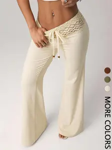 Women's Knit Beaded Drawstring Loose Casual Vacation Pants, Comfortable High Waist Trousers for Spring & Fall Seasons