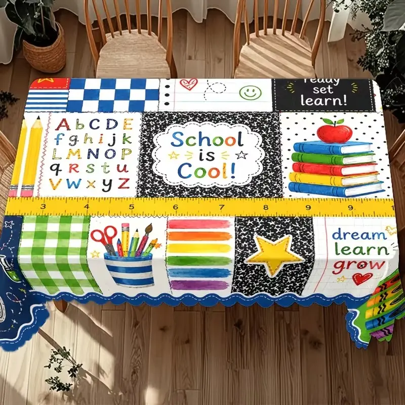 Vintage Watercolor Patchwork Tablecloth, School Theme, Grid Polka Dot Print, American Farmhouse Style, Ideal for Classroom Decor