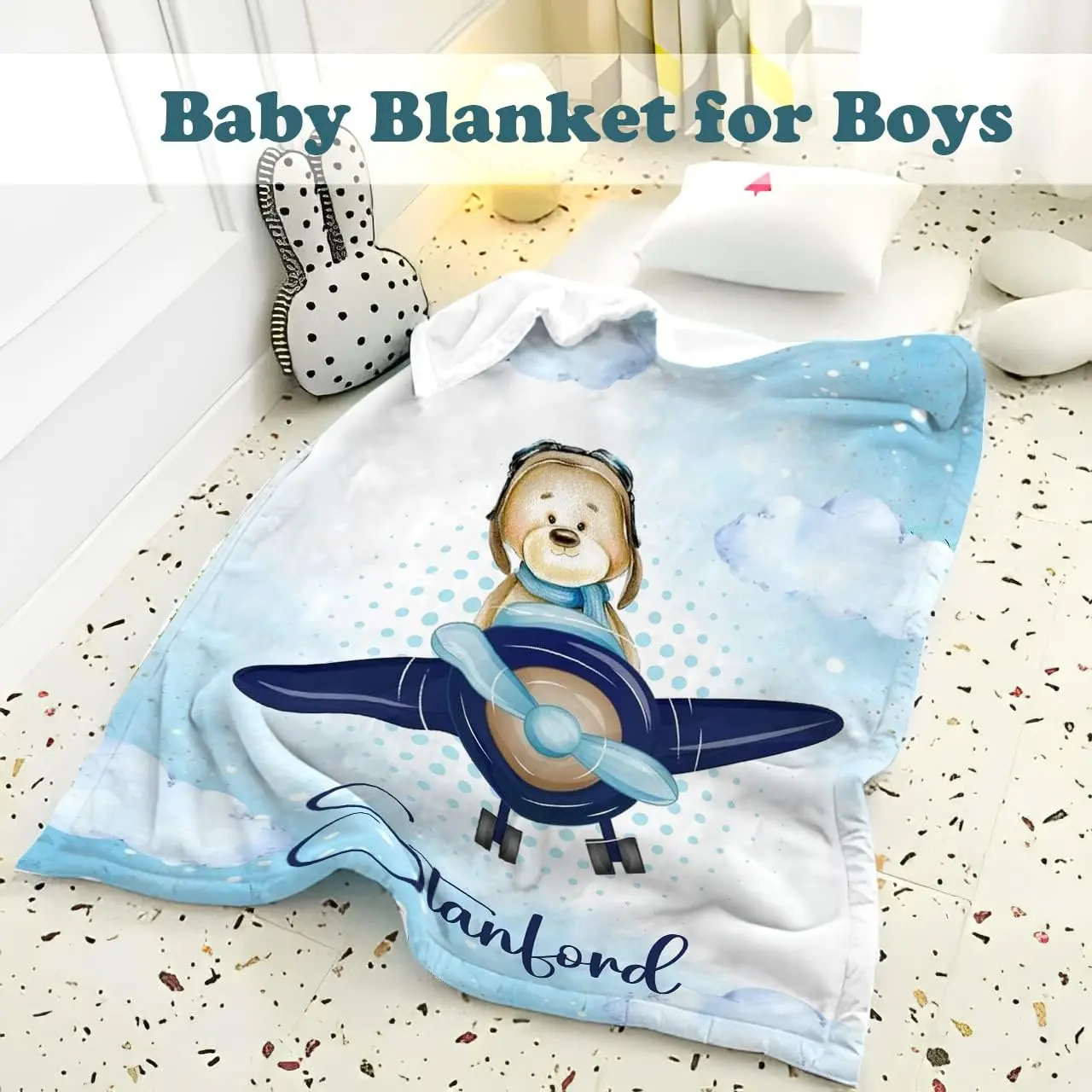 Pilot Bear Printed Polyester Airplane Flannel Throw Blanket, Personalized Name, Multi-Size, Cozy Aesthetic Gift for Indoors Outdoors Year-Round Use