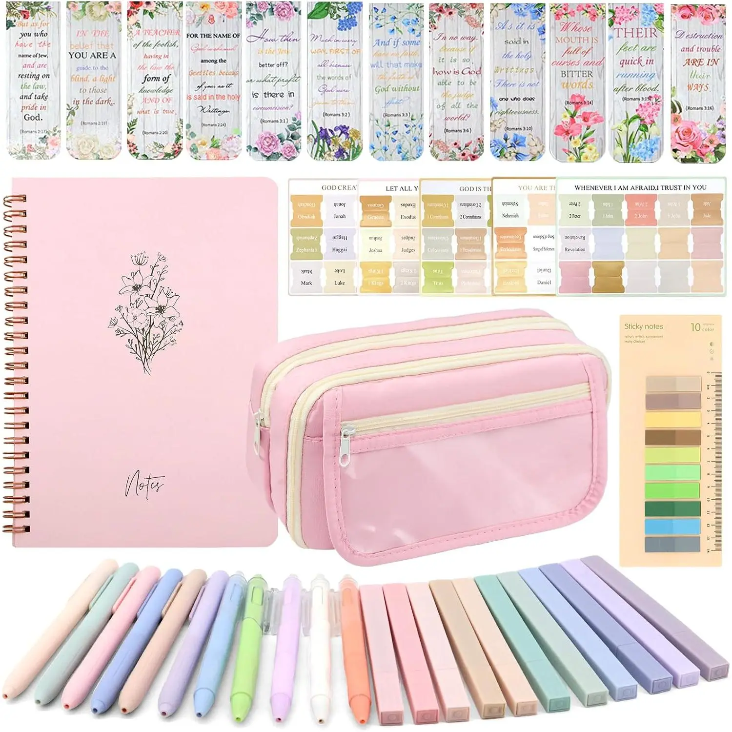 Women's Journaling Kit with Storage Box, Christian Study Tools Includes No-Bleed Highlighters, Tabs, Sticky Notes, Bookmarks, Pencil Case, Ballpoint Pen – Ideal for Valentine's Day, Mother's Day Gifts, Zippers