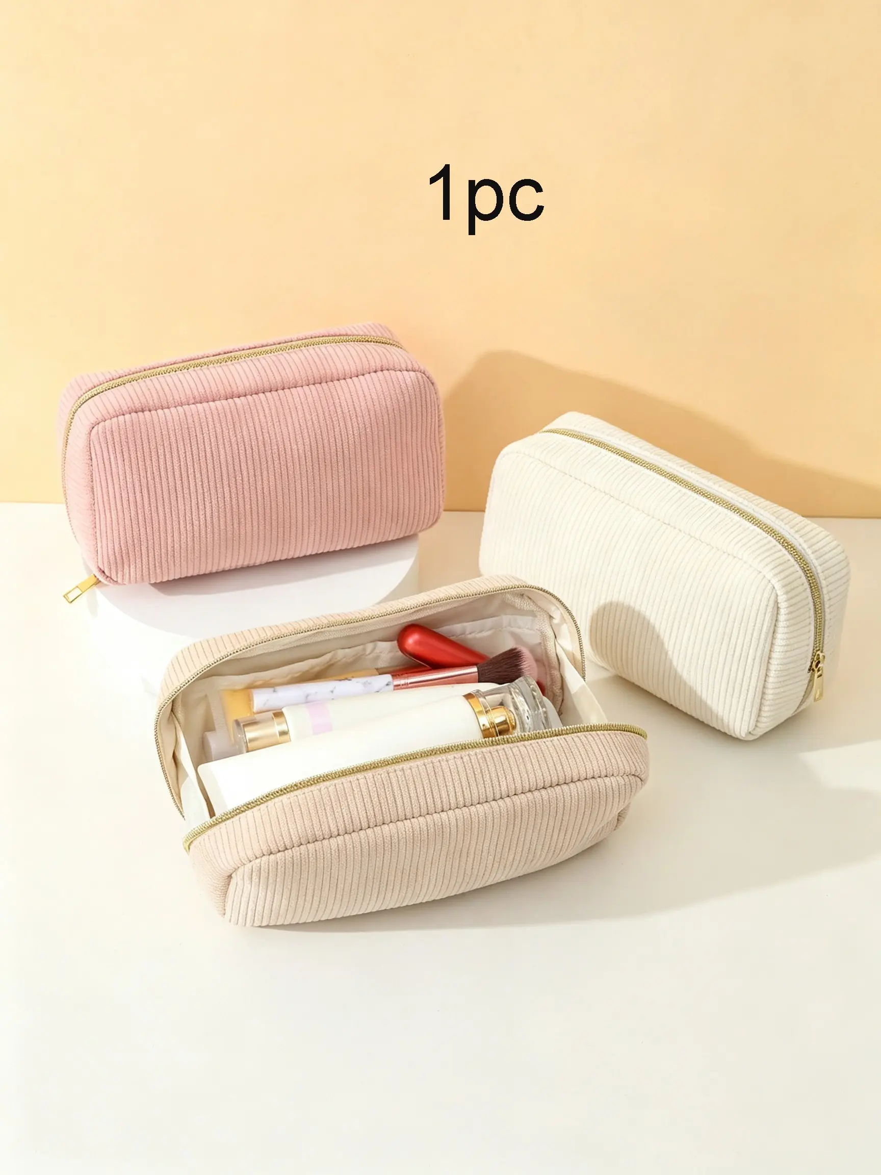 1pc Solid Velvet Makeup Organizer Bag, Soft Vertical Stripe Fabric, Smooth Zipper, Large Capacity, Portable, Ideal for Travel & Gifts