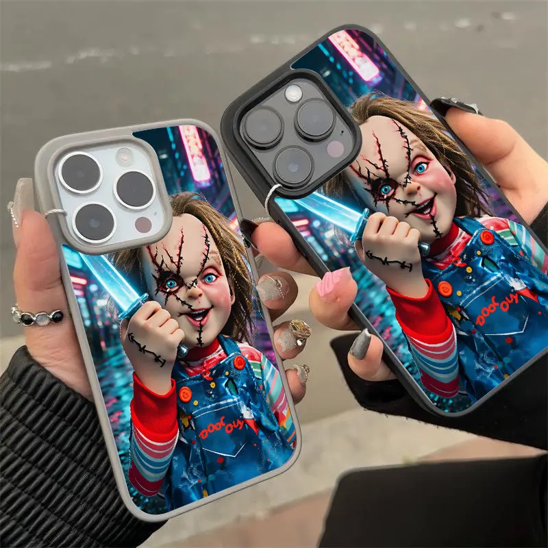 Chucky Creepy Gesture Holding Glowing Blade  Pattern Phone Case Available in Multiple Colors Macaron Style with Magnetic Suction Function Suitable for iPhone 17Air 16 15 14 13 12 11 Pro ProMax Plus Magnetic Phone Cases