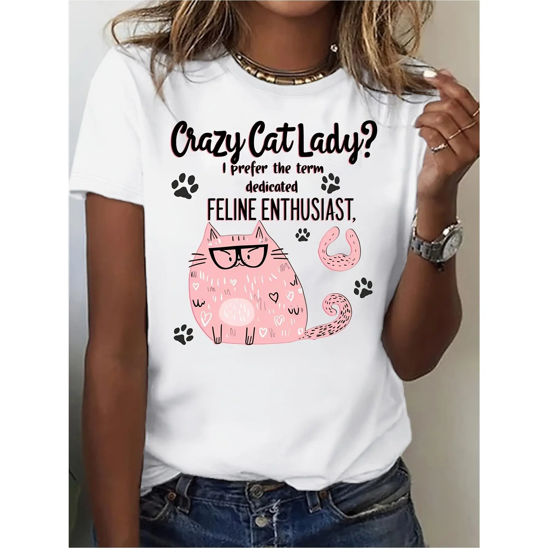 Women's Funny Cat Lover T-Shirt - Lightweight Tee with Pink Cat Graphic, Cute "Feline Enthusiast" Saying - Perfect Gift for Female Cat Owners - Machine Washable Everyday Casual Top, Playful Design Shirt, Comfortable Fabric