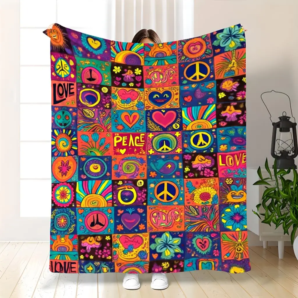 Retro 60s-70s Hippie Blanket-psychedelic Bohemian Style Blanket, Including Peace Signs, Flowers and Love Patterns, Colorful Retro Bedspread, Suitable for Sofas, Beds, Holiday Gifts-soft Plush Flannel Material, Suitable for Bohemian Decoration