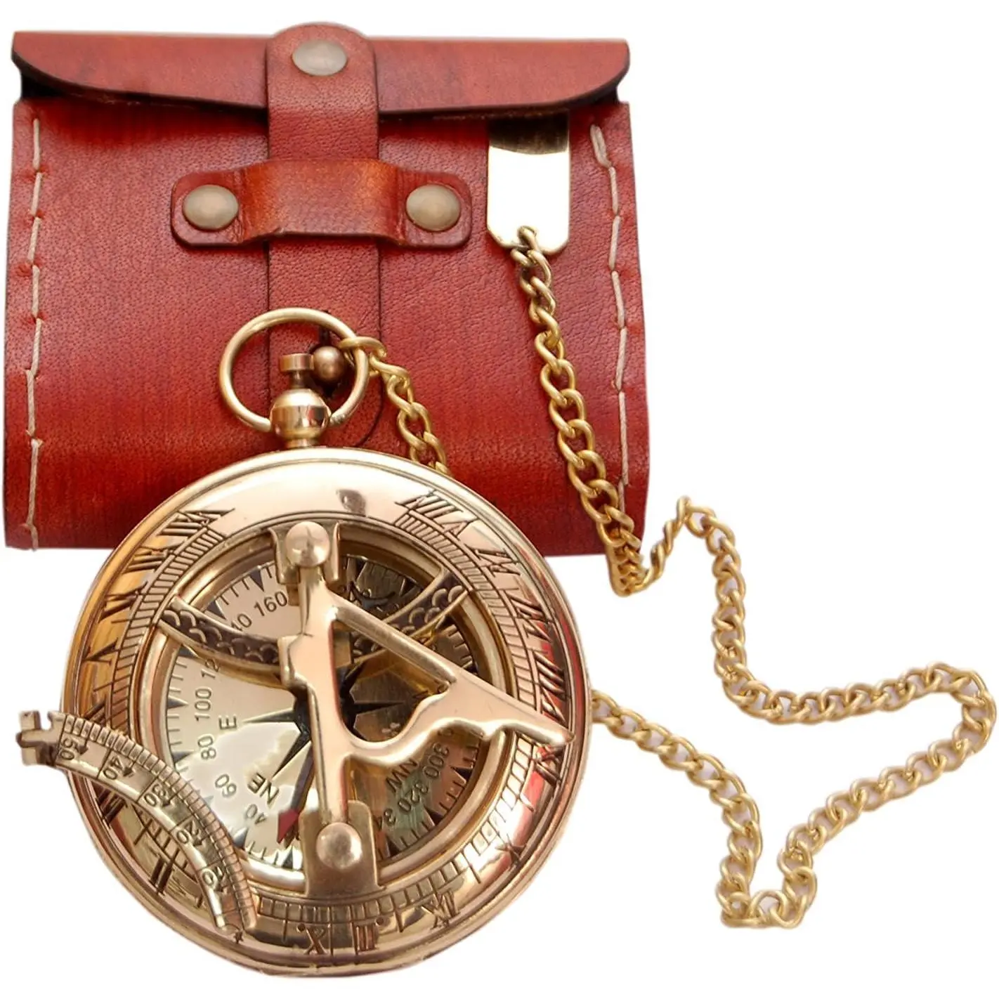 Vintage Brass Sundial Compass with Leather Case - Antique Look Nautical Marine Pocket Navigation Tool, Hiking Camping Accessory, Male Gifts for Husband & Explorer
