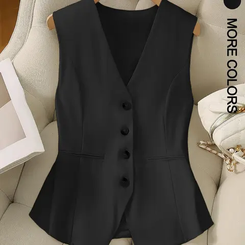 Women's Solid Button Front V Neck Vest Blazer, Casual Sleeveless Vest Jacket for Spring & Fall, Ladies Clothes for Daily Wear, Aesthetic, Blazer Waistcoat