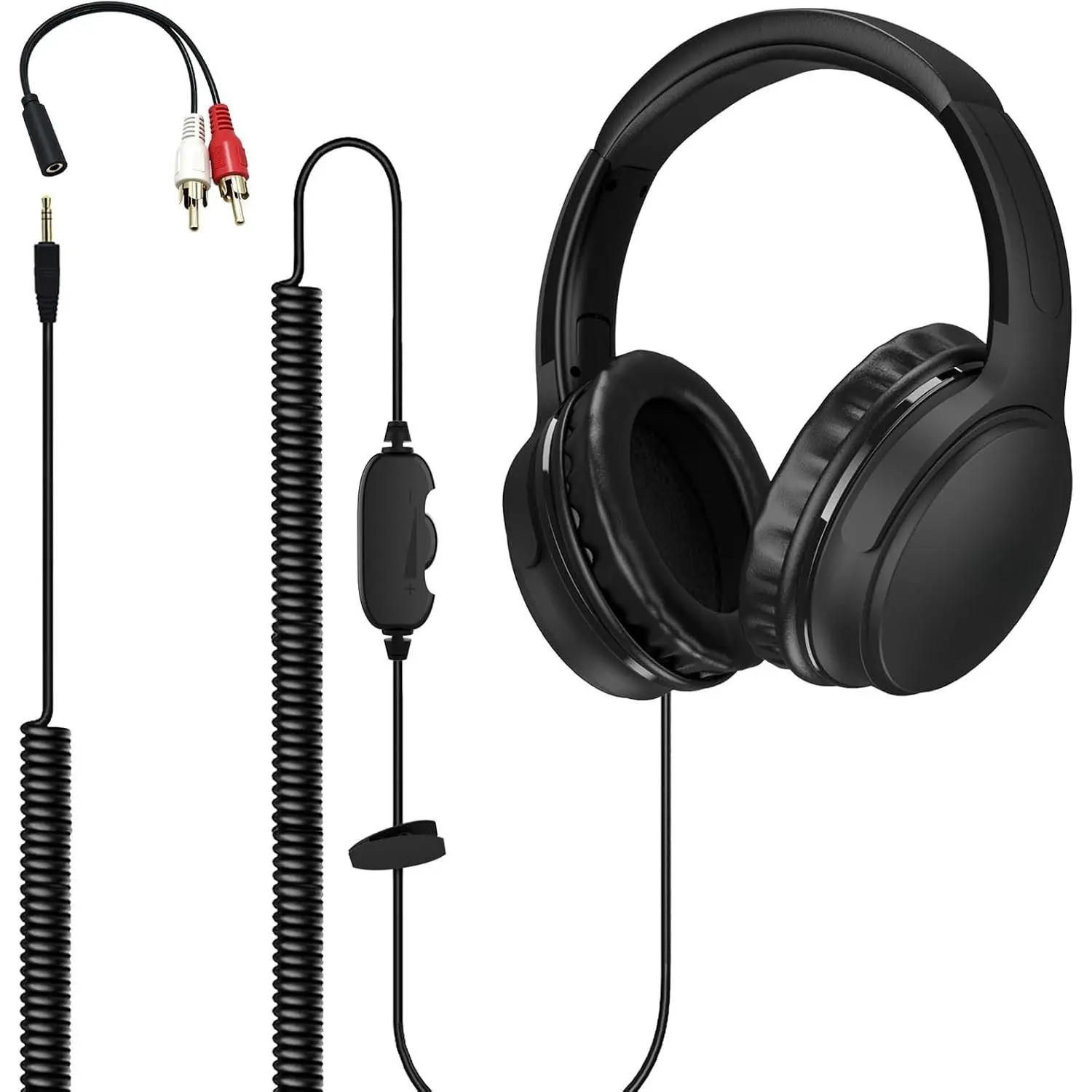 19.5Ft / 6M Extra Long Cord Headphones for TV PC with Volume Control, Spring Coiled , 3.5mm AUX, Wired Over Ear Earphones for Seniors Hard of Hearing, Large Comfortable  Headset