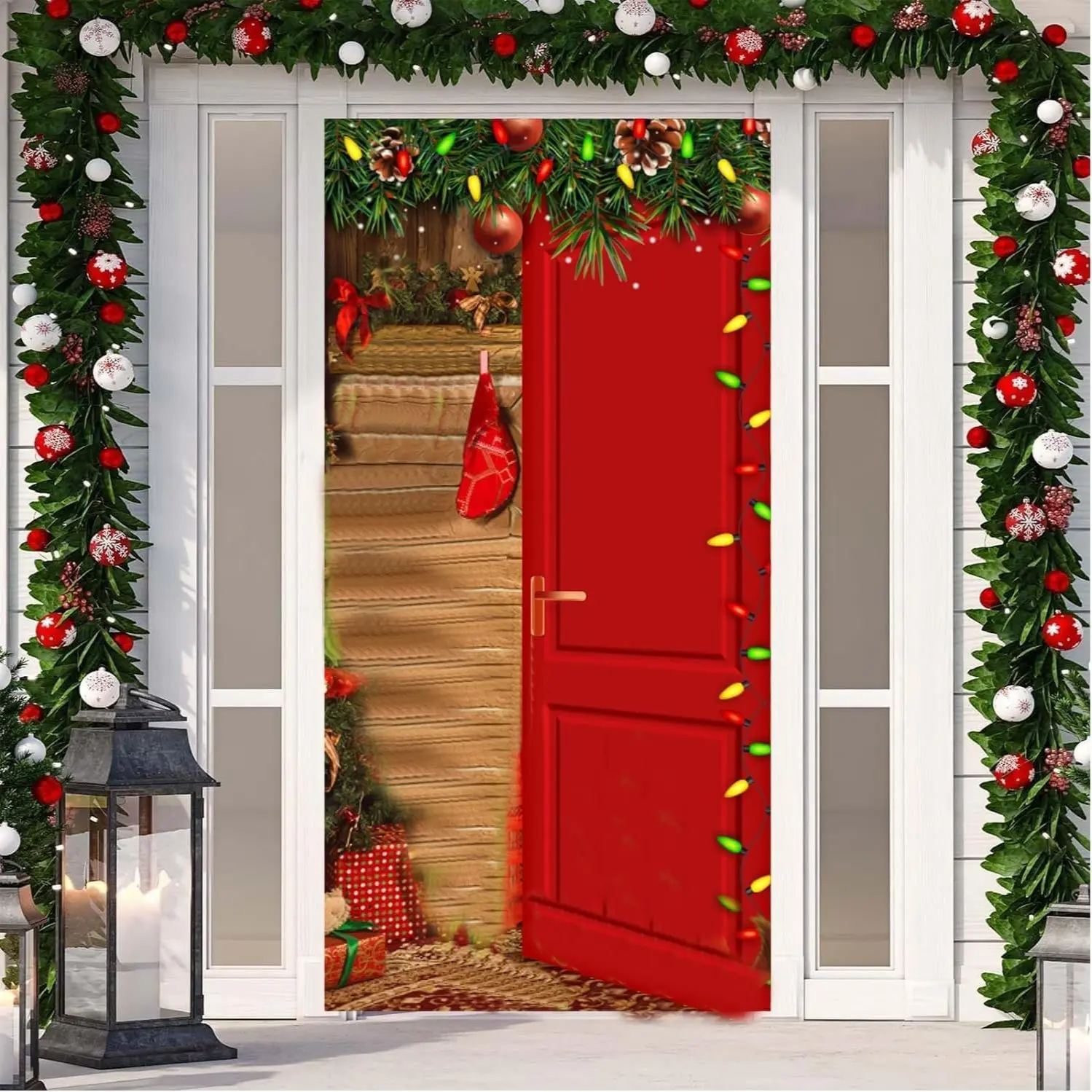 Cute Christmas Door Cover, 2D Flat Banner, Festive Front Door Decoration, Fun Holiday Background, Winter Decor, No Power Needed