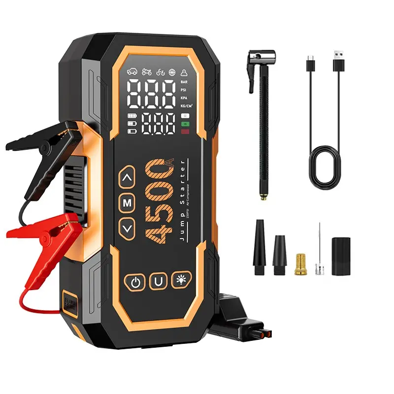 6000A Portable Jump Starter with Air Compressor, 12V CarBattery Starter (Suitable for Gasoline/10.OL Diesel Engines),Large LCD Display, LED Work Light, Jumper Cables, SupportsType-C Fast Charging