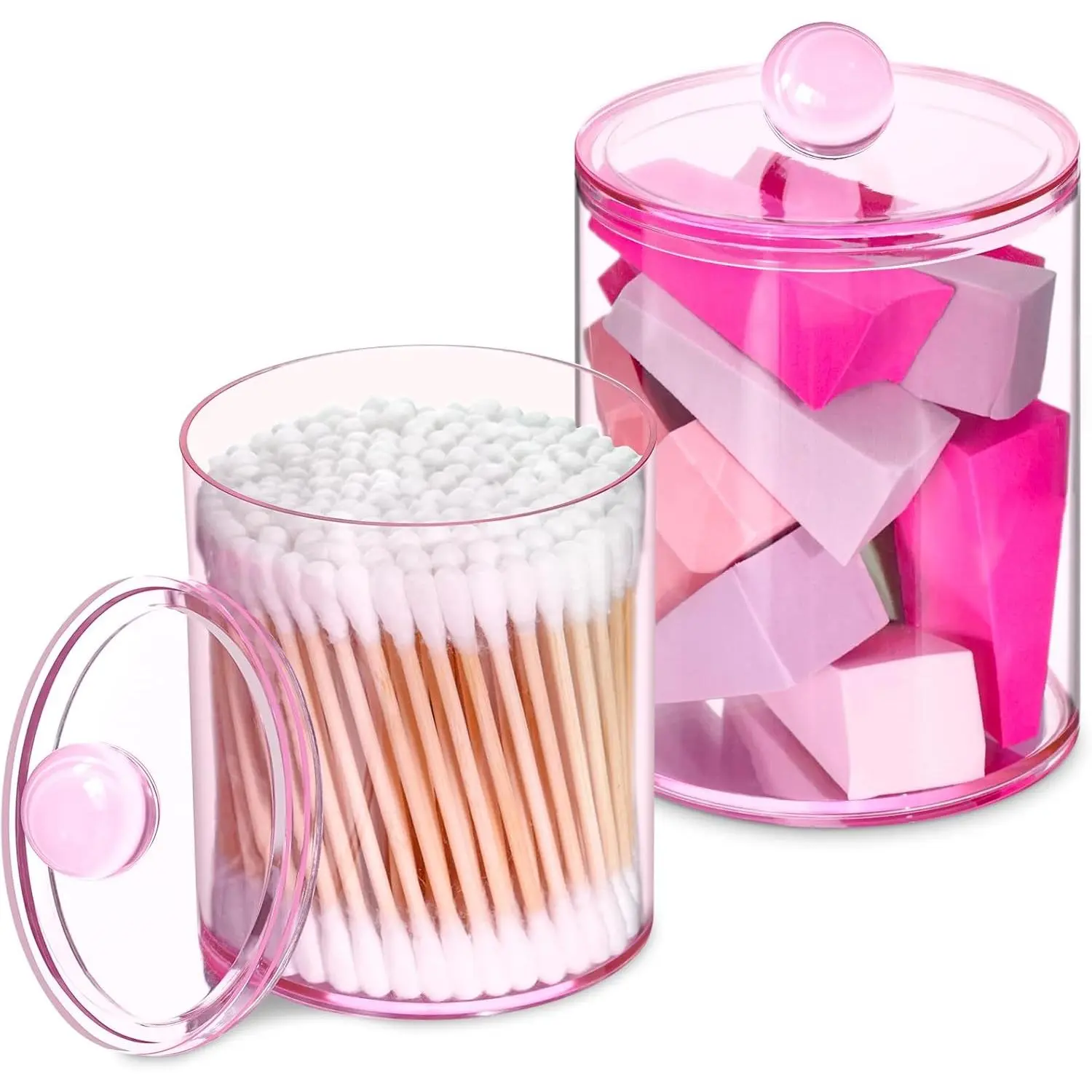 2-Pack Round Apothecary Look Plastic Canisters 10-12oz Transparent Pink Decorative Qtip Dispenser Jars with Lids for Cotton Swabs,Balls,Pads - Bathroom Vanity Home Organizer, Kitchen Storage Gift Set