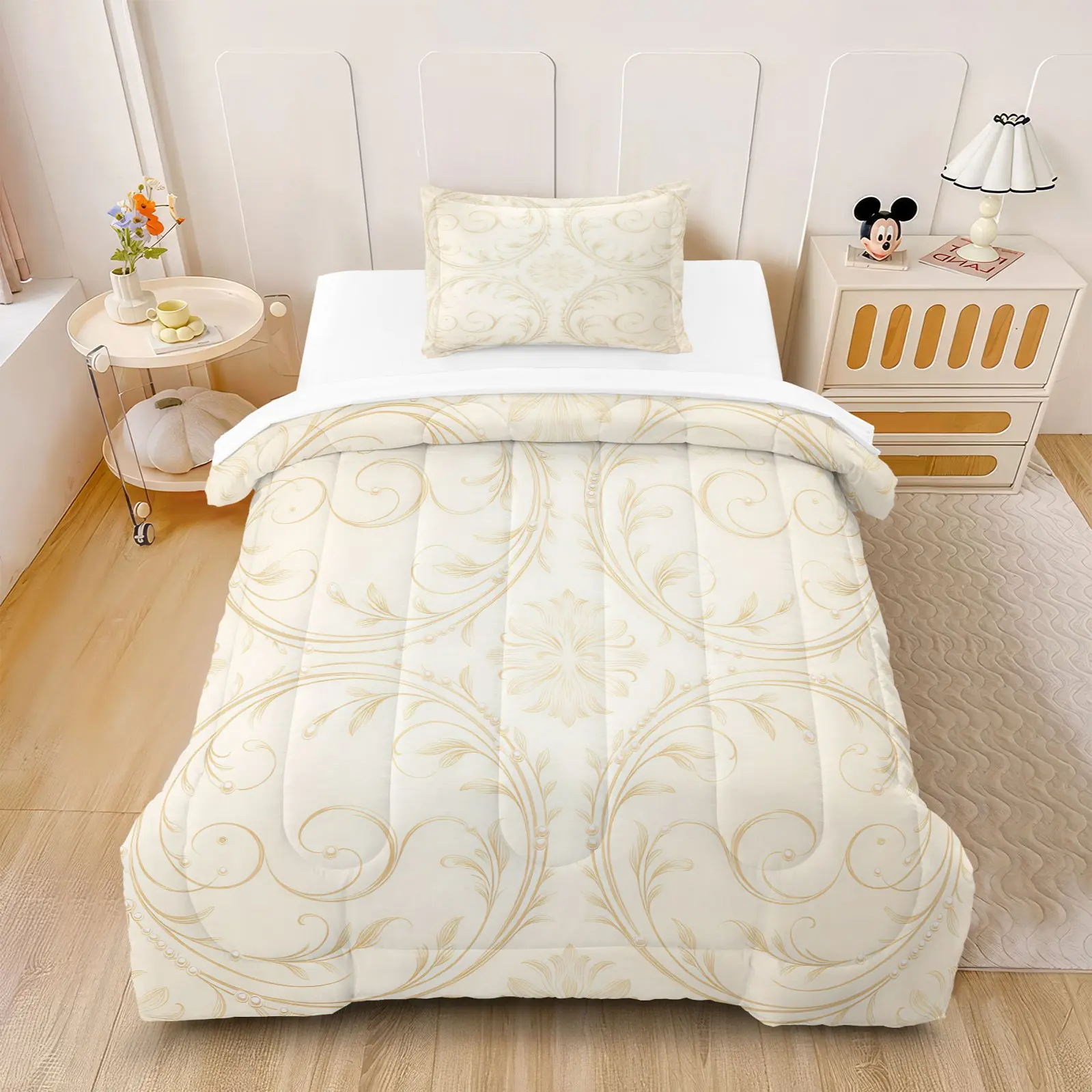 2/3Pcs French Light Luxury Comforter Set Printed with Gilded Thin Line Outlines, Pearls & Rhinestones, Fluffy, Breathable and Anti-Clumping, All-Season Complete Bedding for Bedrooms, Hotels and More, Comforter Filling Included, Pillow Inserts Not Included