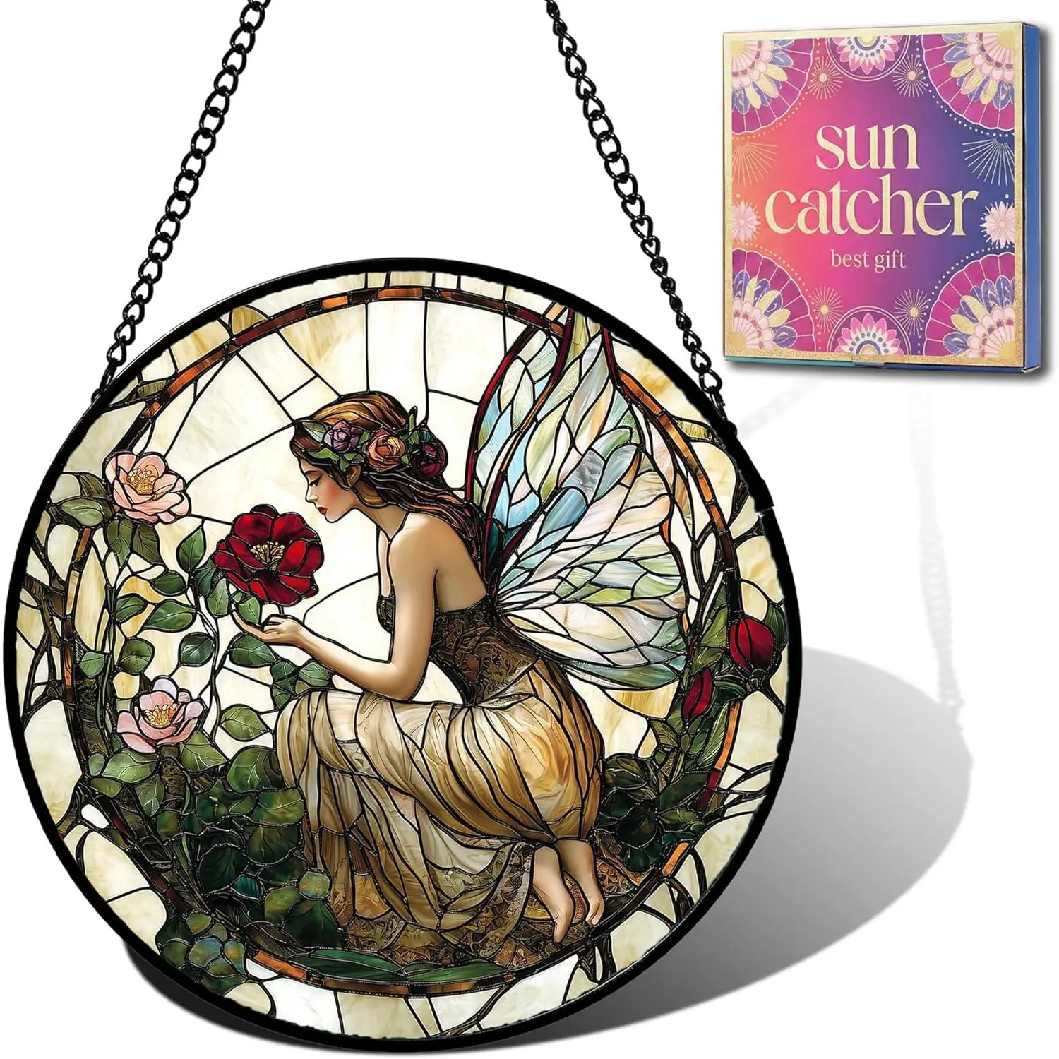 for - Butterfly Flower Fairy Faux Stained Window Sun Catcher for Door Acrylic Home Decor Mother's Day for Mom Nana Friend Grandma Wife 9.8"