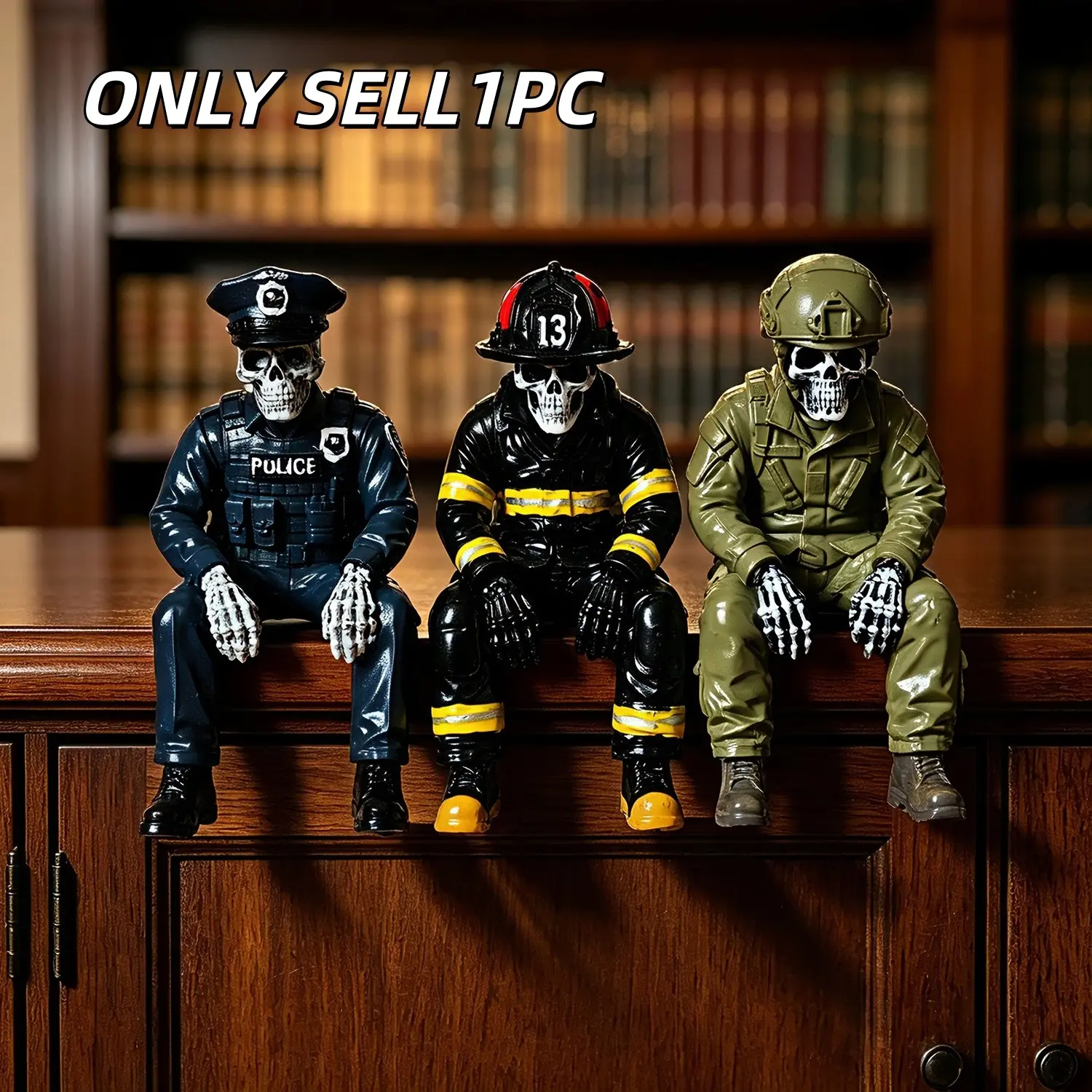 1PC Skeleton Figurine Decor Ornament, Mini Skeleton Statues of Police, Firefighter and Soldier, Resin Craft, Spooky Halloween Decor for Desktop, Bookshelf, Home & Party